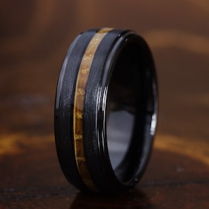 Mens Black Wedding Ring With Whiskey Barrel Wood, Whiskey Barrel Ring ...