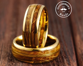 Whiskey Barrel Ring, Gold Wedding Ring, Wood Wedding Ring, Mens Wedding Band, Husbands 5th Anniversary Gift, Engagement Ring, Mens Gold Ring