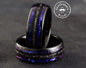 Orion Nebula Ring, Meteorite Ring, Outer Space Ring, Blue Sandstone Ring, Men Wedding Band, Black Obsidian Tungsten, Husband Anniversary