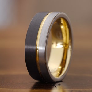Black Tungsten Ring With Rose Gold Groove Mens Tungsten - Etsy