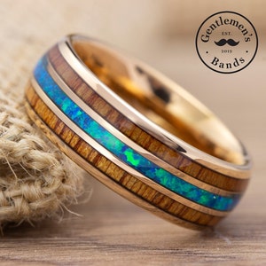 Mens Opal Wedding Band, Rose Gold wedding Ring, Hawaiian Koa Wood, Blue Opal Ring, Mens Engagement Ring, Husband Anniversary Gift, Promise