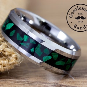 Aliança de prata masculina, aliança de prata masculina, anel com incrustação de malaquita verde, aliança de carboneto de tungstênio, anel de noivado, anel de aniversário
