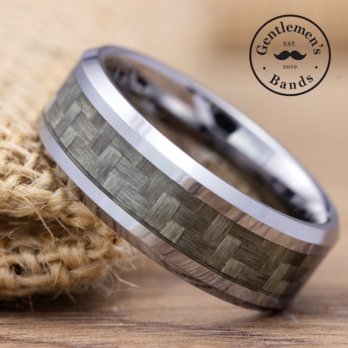 thumbnail image 2 of Personalized Engraved Tungsten Men's Ring – Carbon Fiber Stripe – 6mm Or 8mm 2 of 6