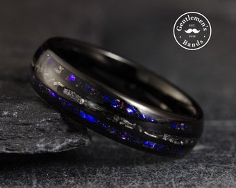 Orion Nebula Ring, Meteorite Ring, Space Ring, Mens Wedding Band, Blue Sandstone Ring, Black Obsidian Tungsten, Husband Anniversary Gift