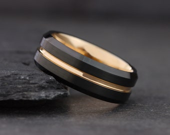 Black and Gold Strip Wedding Band, Mens Ring, Mens Black Wedding Band, Black and Gold Ring Tungsten, Wedding Band Gold, Mens Rings