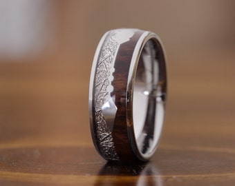 Anillo de meteorito para hombre, alianza de boda de madera de koa, alianza de tungsteno para hombre, anillo de compromiso de meteorito, anillo de flecha con incrustaciones de madera.