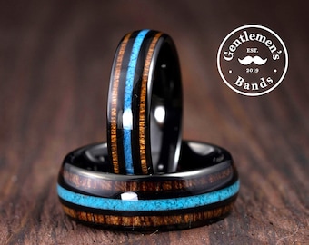 Mens Turquoise Wedding Band, Mens Turquoise Ring, Mens Wedding Band, Mens Wooden Ring, Unique Wedding Ring, Turquoise inlay Tungsten Ring