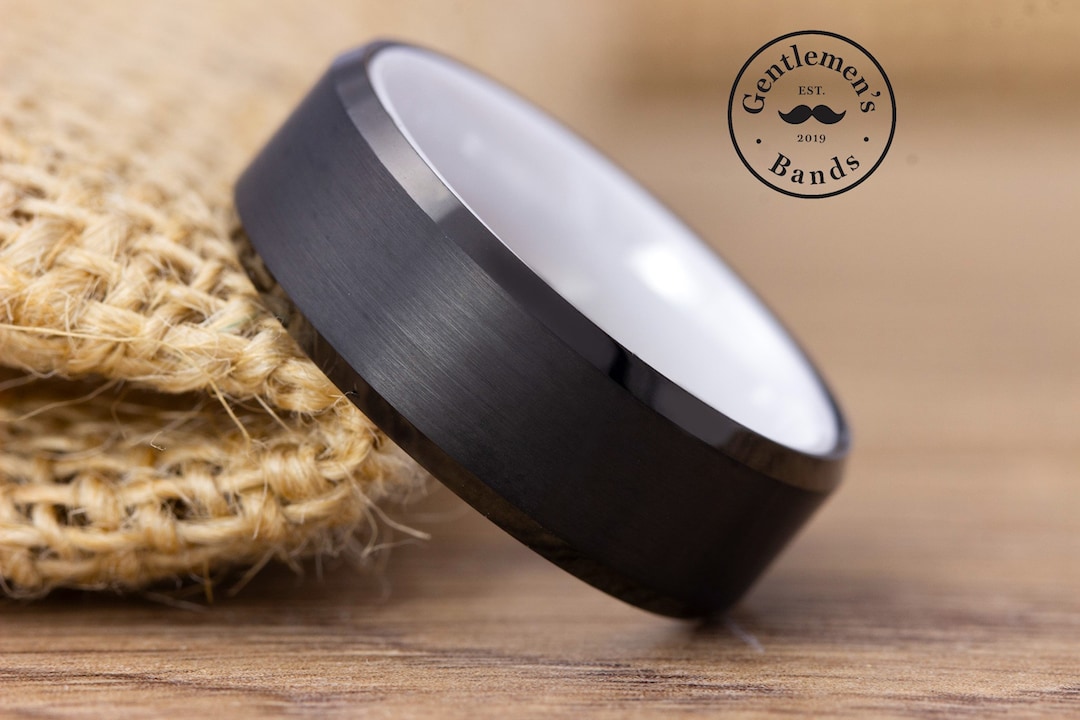 Mens Black White Ceramic Wedding Band, Mens Black Wedding Ring, Mens