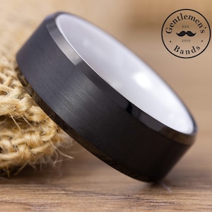 Mens Black White Ceramic Wedding Band, Mens Black Wedding Ring, Mens Ceramic Ring, Tungsten Band, Engagement Ring, Husband Anniversary