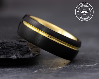 Mens Black Gold Wedding Band, Mens Gold Wedding Ring, Mens Brushed Black Ring, Tungsten Carbide Band, Engagement Ring, Anniversary Ring