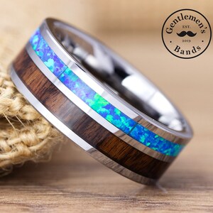 Blue Opal Ring, Tungsten Wedding Band, Mens Ring, Koa Wood Ring, Blue Fire Opal Ring, Mens Wedding Band, Wood Ring Opal Wedding Bands Men