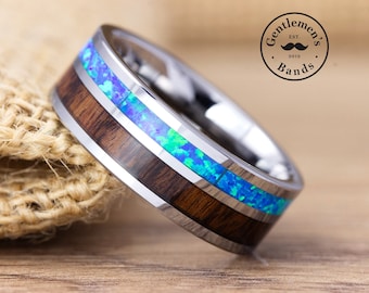Blue Opal Ring, Tungsten Wedding Band, Mens Ring, Koa Wood Ring, Blue Fire Opal Ring, Mens Wedding Band, Wood Ring Opal Wedding Bands Men