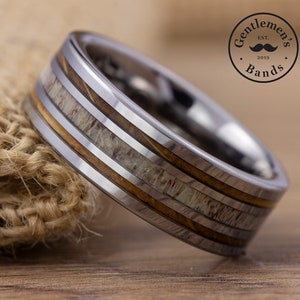 Mens Outdoorsman Antler Ring with Whiskey Wood, Deer antler Ring, Deer Antler Wedding Band, Wood Wedding, Mens Engagement Ring, Promise Ring