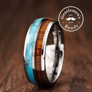 Mens Turquoise Wedding Band, Mens Turquoise Ring, Mens Wedding Band, Mens Wooden Ring, Koa Wood Ring, Tungsten Ring, Wood Ring, Silver Ring