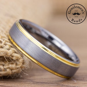 Mens Silver and Gold Wedding Band, Mens Gold Wedding Ring, Mens Brushed Ring, Tungsten Carbide Band, Engagement Ring, Anniversary Ring