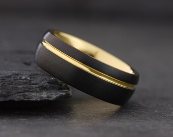 Mens Brushed Black Tungsten Wedding Band, Mens Black and Gold Wedding Band, Wedding Ring, Mens Black Wedding Band, Gold Tungsten Ring