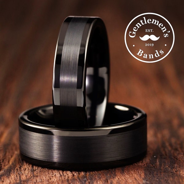 Bague en tungstène obsidienne noire, alliance noire pour homme, bague noire pour homme, cadeau d'anniversaire du mari, bague de fiançailles, bague noir mat