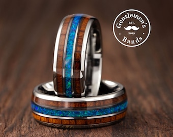 Koa Wood Ring, Mens Wood Wedding Band, Tungsten Wedding Ring, Mens Wedding Band, Royal Blue Opal Ring, Mens Ring, Husband Anniversary Gift