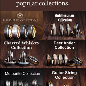 May include: A collection of rings displayed in six categories: Hammered, Outdoorsman, Charred Whiskey, Deer Antler, Meteorite, and Guitar String. The rings feature various textures, metallic finishes, wood inlays, and unique patterns on dark surfaces.