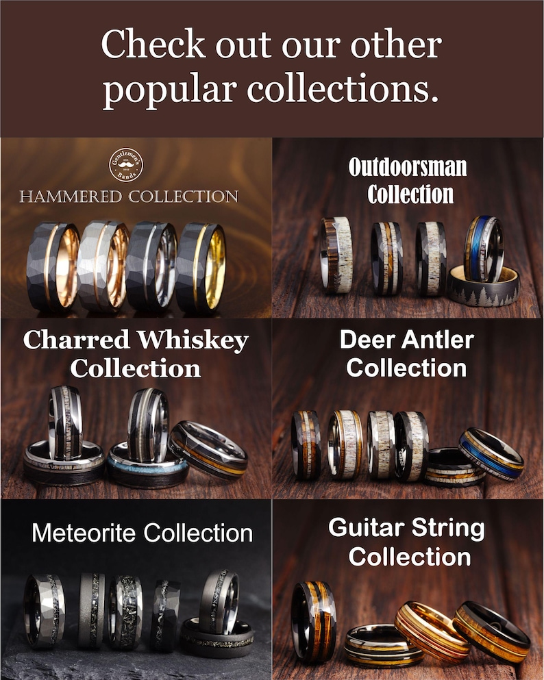 May include: A collection of rings displayed in six categories: Hammered, Outdoorsman, Charred Whiskey, Deer Antler, Meteorite, and Guitar String. The rings feature various textures, metallic finishes, wood inlays, and unique patterns on dark surfaces.