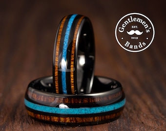 Mens Turquoise Ring, Mens Wedding Band Wood, Hawiian Koa Wood Ring, Tungsten Ring Men, Husband Anniversary Gift, Mens Gift, Guys Engagement