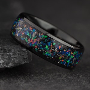Meteorite Ring, Mens Opal Ring, Mens Wedding Band, Black Wedding Ring, Husbands Anniversary Band, Meteorite and Opal Ring, Unique Mens Ring