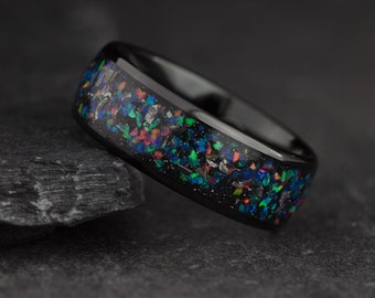 Meteorite Wedding Band with Opal, Mens Black Wedding Band, Promise Ring, Anniversary Band, Mens Engagement Ring, Meteorite Ring, Opal Ring