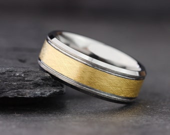 Men's Gold and Silver Wedding Ring, Wire Brushed Wedding Ring, Mens Wedding Band, Mens Engagement Ring, Mens Anniversary Ring, Two Tone Ring