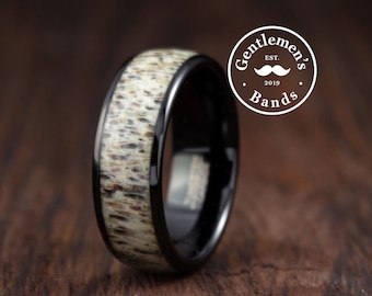 Deer Antler Wedding Band, Mens Outdoorsman Wedding Ring, Black Tungsten Carbide Band, Guys Promise Ring, Engagement Ring, Anniversary Ring