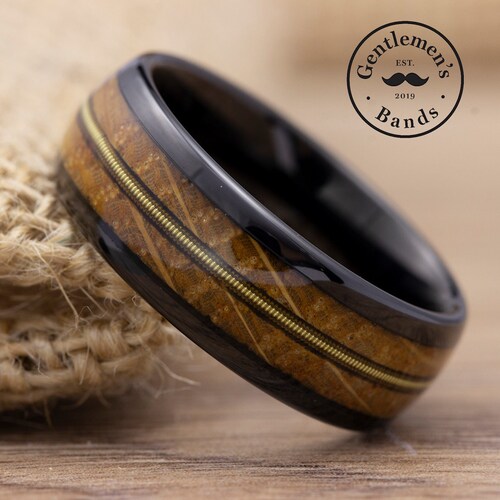 Mens Ceramic Wedding Band Guitar String Wood Ring Oak Wood Etsy