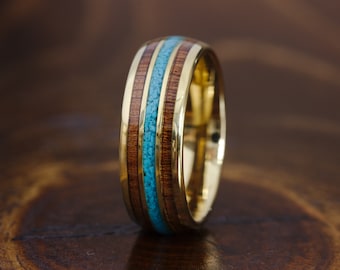 Turquoise Mens Wedding Ring Hawaiian koa wood, Mens Wedding Band, Men Gold Ring, Unique Wedding Ring, Men Turquoise Wedding  Ring, Rose Gold