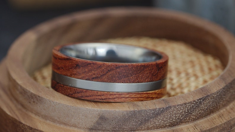 Mens Wood Wedding Band, Mens Unique Ring, Mens Titanium Wedding Band, Titanium Ring Wood Inlay Ring, 8mm Wooden Wedding Rings for Men image 3