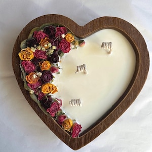 Large Heart Shape Dough Bowl Soy Wax Candles with Dry Roses 8x7x2/ 3 wick Candle / Lovely Candle / Rustic Candles/Decor/ Floral candle