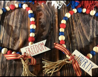 Red White & Blue Americana Wooden Bead Farmhouse Garland