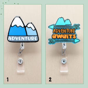 Blue Mountains Adventure Badge Reel, Adventure Awaits Teal Orange Outdoor Badge Clip