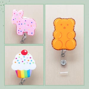Sweet Treats Badge Reels, Pink Animal Cookie Badge Clip, Rainbow Cupcake ID Badge Holder, Orange Gummy Bear Badge Reel