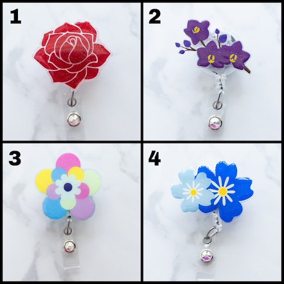 Floral Glitter Badge Reel Rose, Orchid, Forget Me Not -  Canada
