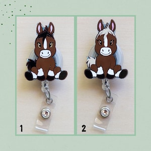 Sitting Horse Glitter Badge Reel, Bay Horse Name Badge Holder, Brown Horse ID Badge Reel