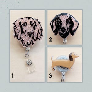 Dachshund Dog Glitter Badge Reel, Long Haired Dachshund ID Badge Clip