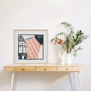 The coquette with curls. Original architectural linocut, handprinted, limited edition of 30 numbered and signed copies