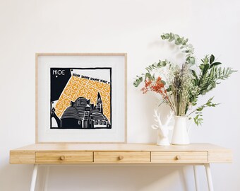 Notre-Dame-des-Oeufs. Original architectural linocut, handprinted, limited edition of 30 numbered and signed copies