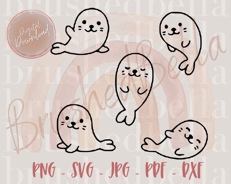 May include: Five black and white line drawings of seals with different poses. The seals are on a watercolor background with shades of pink and brown.