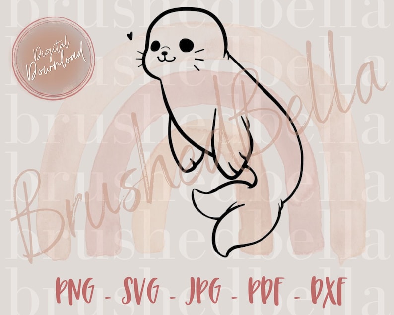 K&ouml;nnte beinhalten: Digitale Illustration eines Cartoon-Seehunds mit einem Herz &uuml;ber dem Kopf. Der Seehund ist schwarz umrandet, mit einem hellrosa und pfirsichfarbenen Regenbogen im Hintergrund. Der Text enth&auml;lt "Digitaler Download" und Dateitypoptionen.