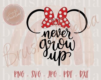 Może przedstawiać: Czarno-biały projekt graficzny z czerwoną kokardką w białe kropki i tekstem "never grow up".