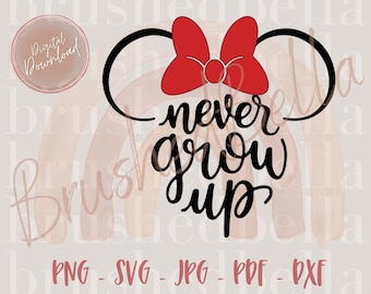 Może przedstawiać: Czarno-biały projekt do pobrania cyfrowego z czerwoną kokardką i tekstem "never grow up".