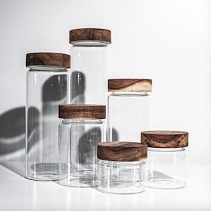 TWIST-TOP  Stackable Glass Canister Glass Container Glass Jar With Twist Wood Lids.  Food Storage/Canister/Kitchen organization.