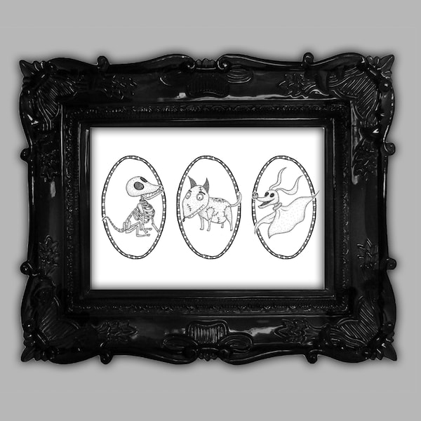 Spooky dogs - L’imprimé inspiré de Tim Burton - Scraps, Sparky, Zero - Cauchemar avant Noël, Corpse Bride, Frankenweenie