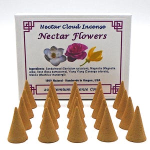 Nectar Flowers Incense Cones: Natural Sandalwood, Champaca, Rose and Ylang Ylang, Handmade