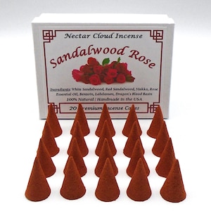 Sandalwood Rose Incense Cones (20 cones box), Handmade Natural Incense Cones, Authentic Damask Rose Incense, Natural Sandalwood Rose Incense