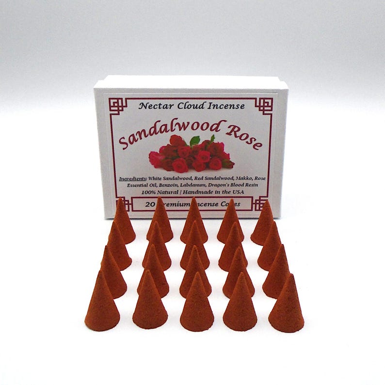 Natural Sandalwood Rose incense cones, made with real rose essential oil.